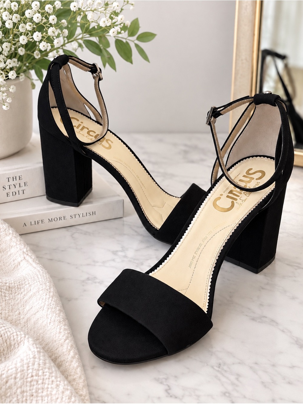 Circus by Sam Edelman Black Faux Suede Block Heel Slingback Sandals
